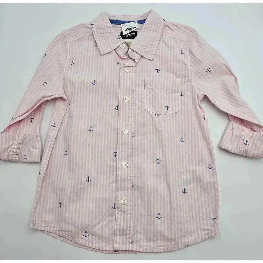 Osh Kosh Boy's Size 6 Pink Stripe with Blue Anchor Detail Long Sleeve Polo Shirt
